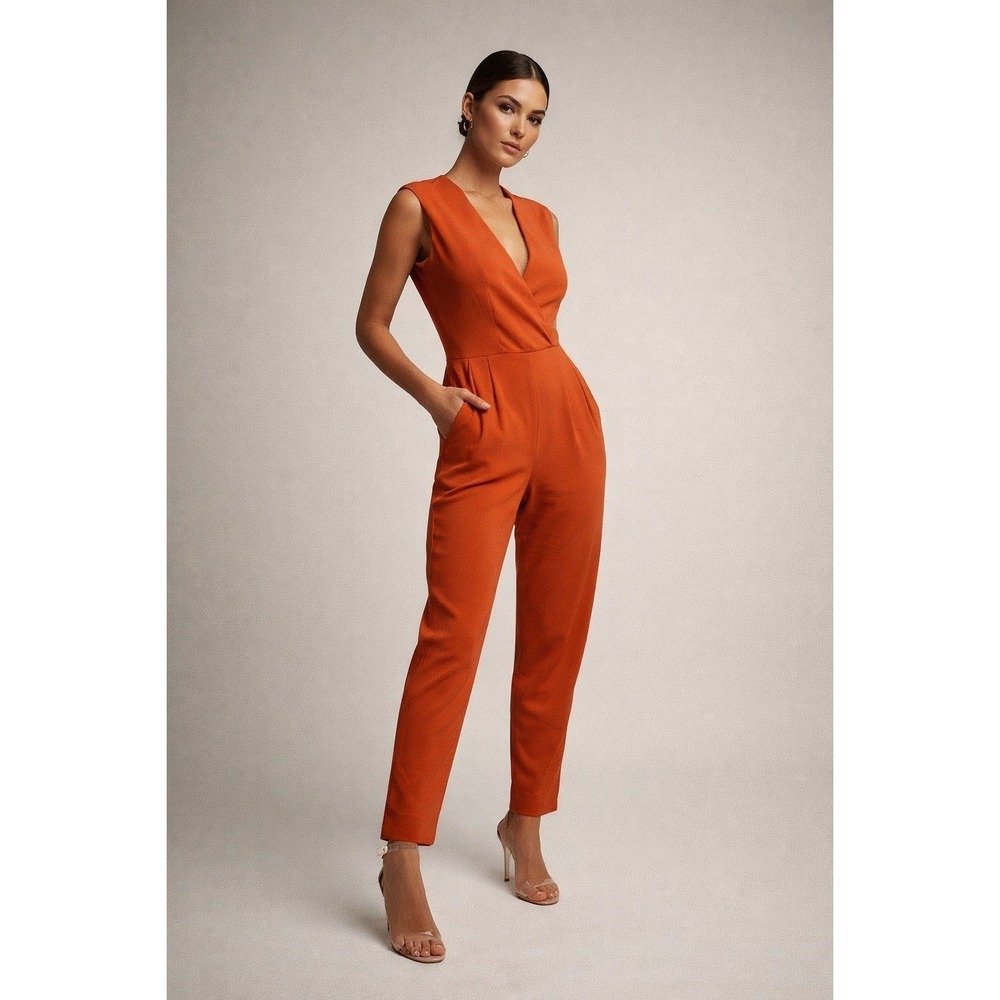 Silvian Heach Burnt Orange V-Neck Sleeveless Tapered Leg Jumpsuit XXS